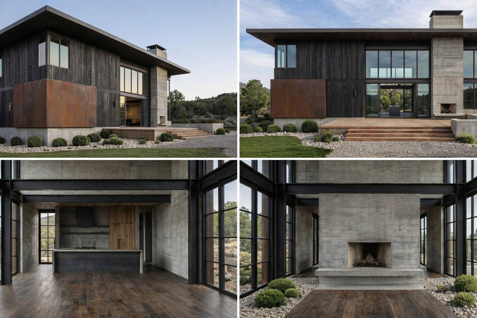 Residential fenestration composition: glazed elevations, an entrance assembly and full-height interior glazing