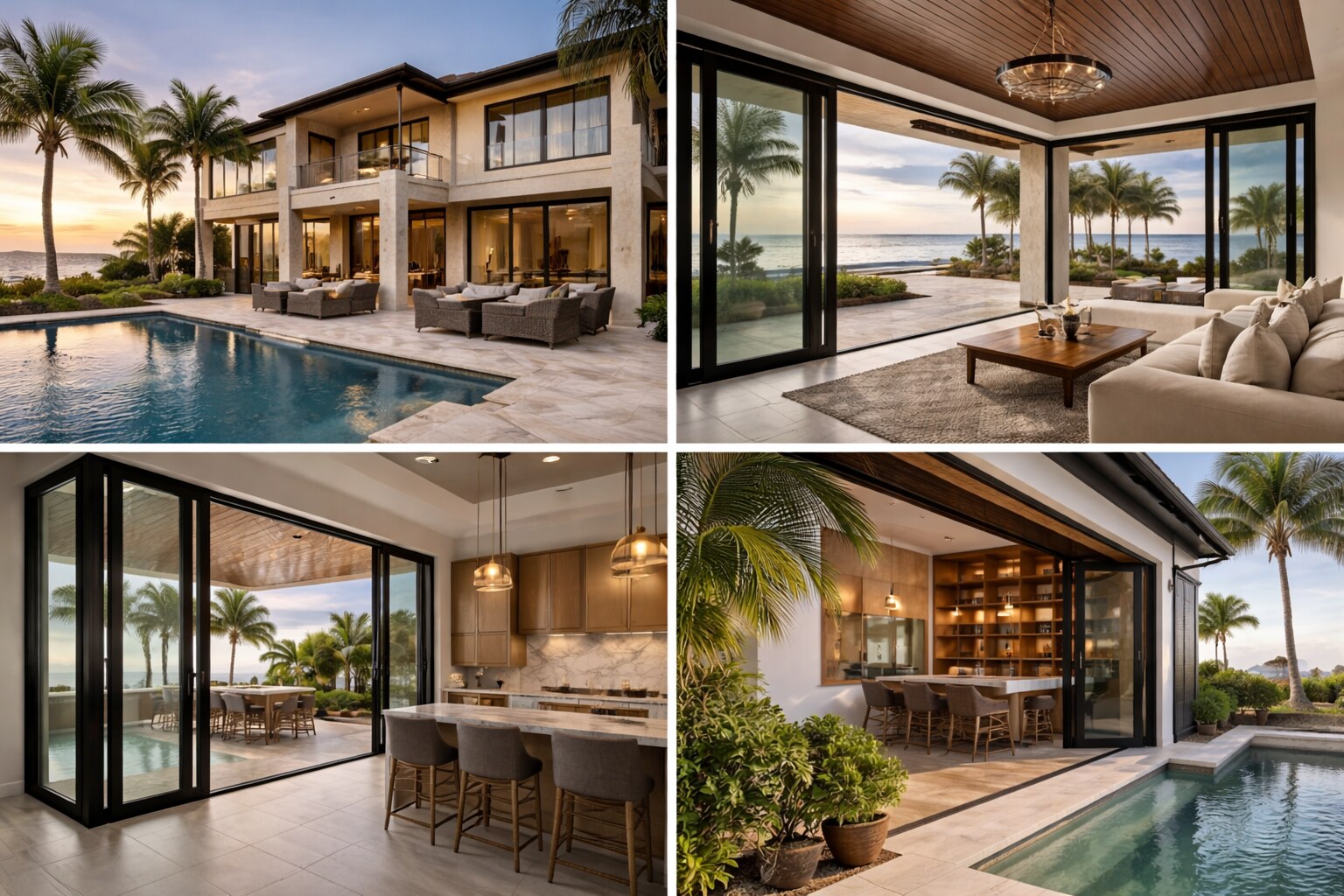 Residential glazing composition: a poolside elevation, a covered terrace, sliding glass walls and a glazed living space