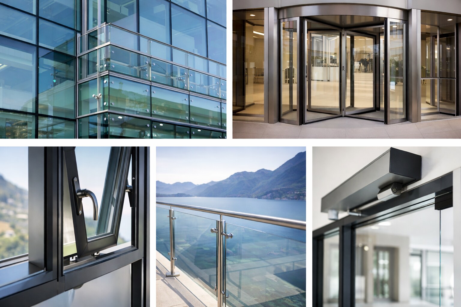 Architectural glazing composition: curtain wall glazing, an entrance system, an opening vent, a glass balustrade and a concealed operator
