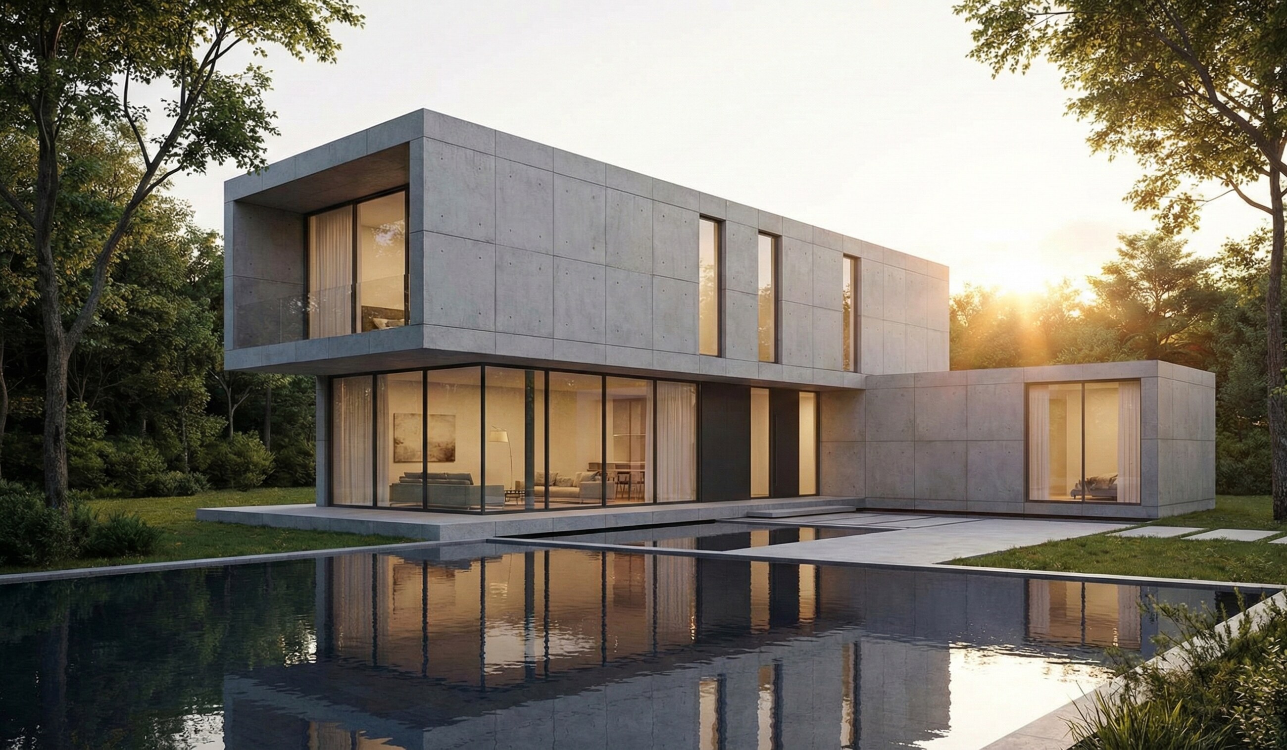 Glazed garden elevation of a concrete residence at dusk