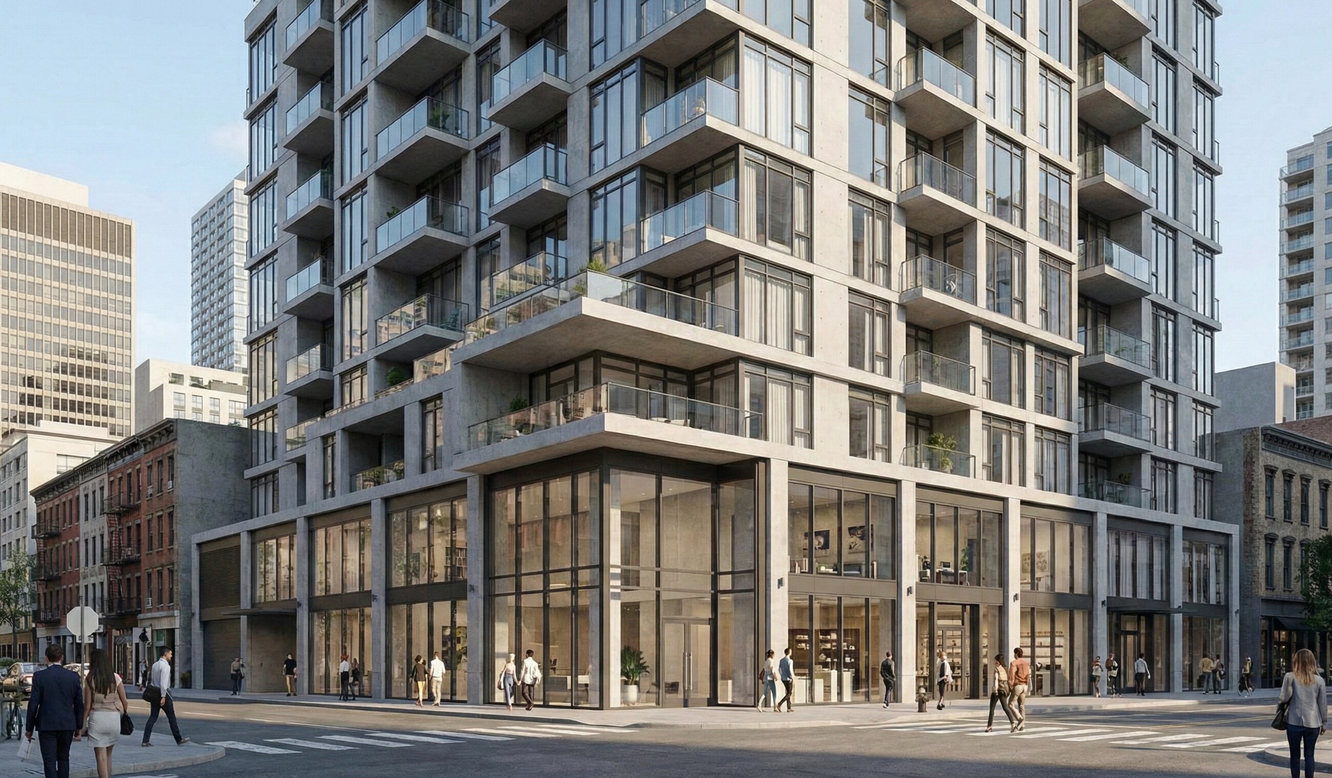 Mixed-use residential building with a fully glazed street-level elevation