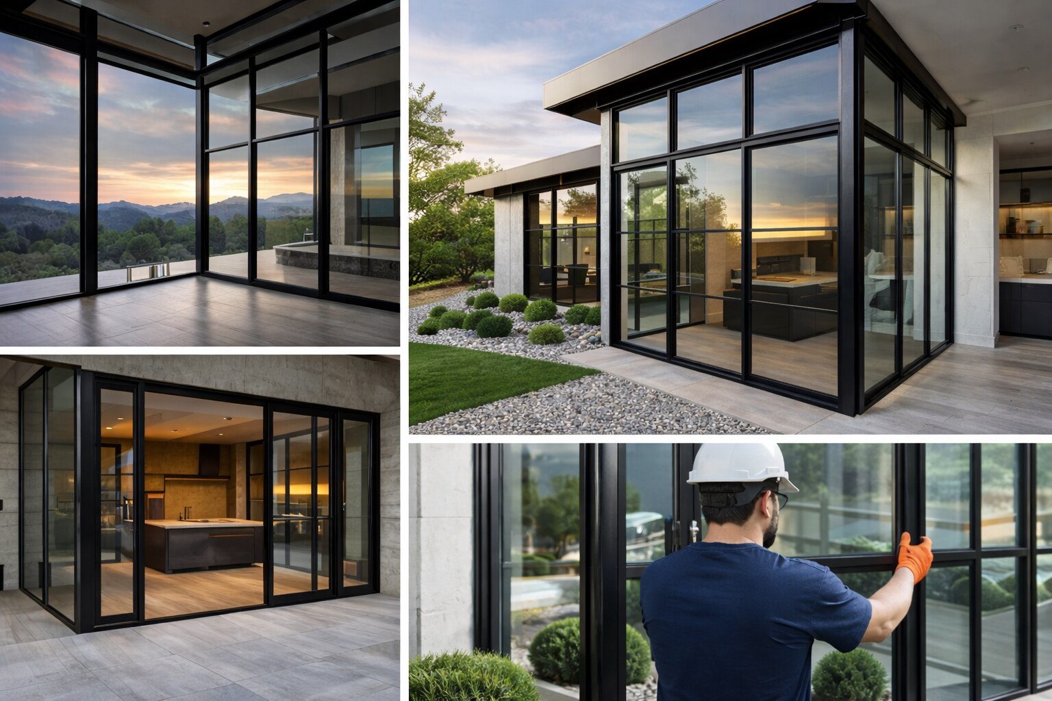 Glazing package composition: a glazed interior, a framed garden room, a completed installation and on-site quality inspection